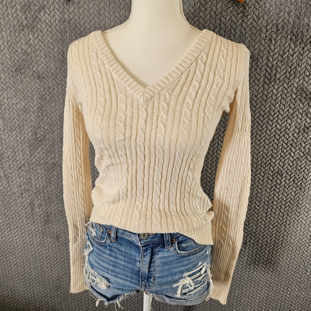 American Eagle Womens Cream Cable Knit V-Neck Sweater Long Sleeve Ivory Medium